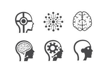 Conceptual Silhouette Head Icons Showing Brains, AI Network on White Background