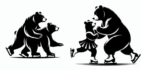 Bears ice skating pair. Cartoon Animal Clipart Silhouette Vector Illustration Line Art Illustration. Creature figure duo doing winter sport on frozen water expanse activity fun.