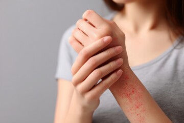Closeup of a Woman Scratching Inflamed Skin Due to Allergies: A Reflection on Dermatological Issues and Discomfort