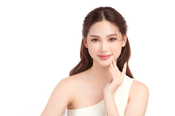 A beautiful young Asian woman with clean, fresh skin against a white background. Skincare, facial...