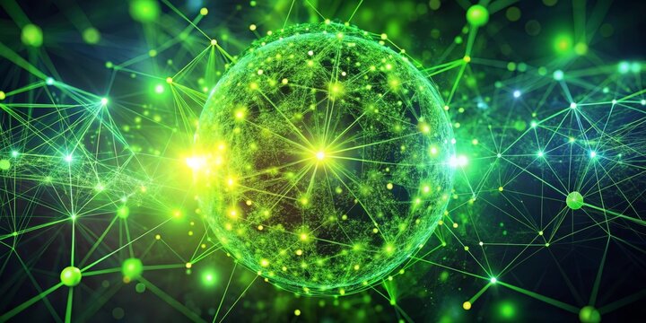Stunning green digital network globe pulsing with bright connections and future technology.