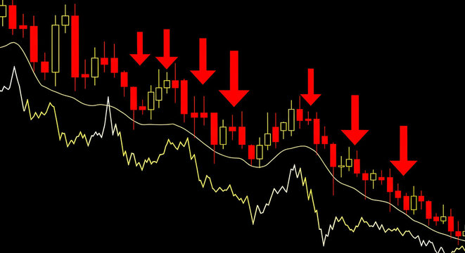 Declining Stock Market Graph with Red Candlestick Chart and Downward Arrows, Representing Financial Crisis and Economic Downturn
