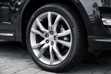 Obraz premium Glossy Auto Wheel: Shiny Tire on Alloy Rim - Modern Transportation Focus