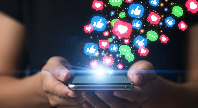Hands Holding Smartphone with Flying Social Media Icons, Representing Online Communication, Marketing, and Digital Engagement - Powered by Adobe