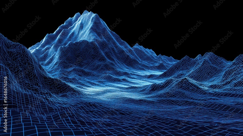 Poster digital mountain grid. abstract background with 3d wireframe elements in blue hues