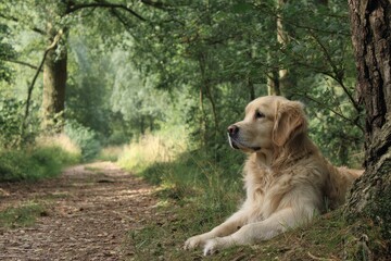 Golden Retriever on Nature Trail: A Curious Dog Observing Trees and Leaves