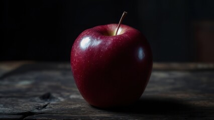 Solitary Red Apple Bathed in Dramatic Light on a Rustic Wooden Surface