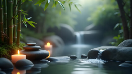 Bamboo candles, stacked stones, stream, misty woods. Ideal for spa, wellness, tranquility concepts, mindfulness, relaxation, naturethemed designs.