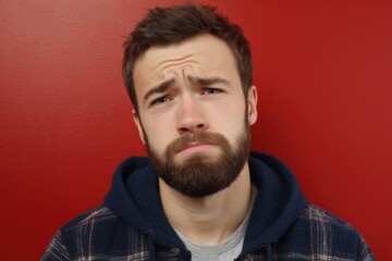 Caucasian Boy with Beard Reflecting Doubtful Expression Against a Blurred Background