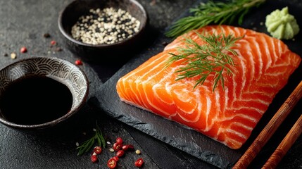 Freshly Sliced Raw Salmon on Black Slate with Garnishes and Condiments Perfect for Culinary Photography, Sushi Preparation, or Food Art