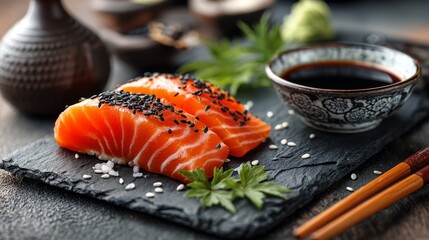 Delightful Salmon Slice on Slate with Soy Sauce, Black Sesame Seeds, and Garnishes for Culinary Presentation and Inspiration in Food Photography
