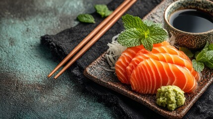 Fresh and Juicy Salmon Slices Garnished with Mint Leaves Served on Dark Plate with Wasabi and Soy Sauce on Textured Background