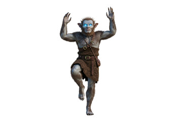 Fototapeta premium fantasy creature with blue eyes and medieval attire posed dynamically with hands up and one leg