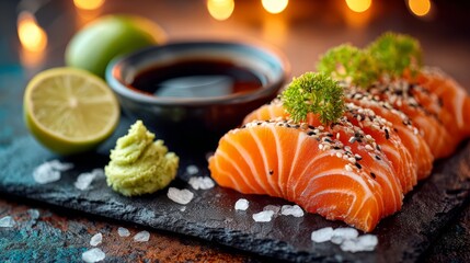 Fresh Salmon Sashimi Best Served on Black Slate With Wasabi and Soy Sauce Surrounded by Lime and Garnish for Culinary Delight