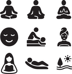 A set of black vector yoga icons with silhouettes of people in various poses