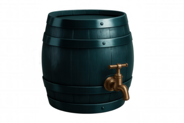 Green wooden barrel featuring brass tap, 3d rendered against transparent backdrop, highlighting beverage, brewery, pub design elements