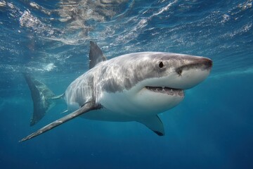 Fototapeta premium Mighty Ocean Predator: The Majestic Great White Shark in its Coastal Habitat