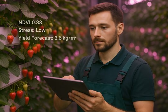 Hydroponic Strawberry Farmer Using Tablet for AI Plant Health Scan in LED Lit Greenhouse with Yield Forecast Overlay - Powered by Adobe