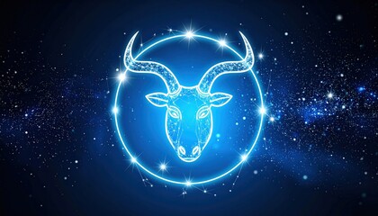 Cosmic background with bright stars, central element — zodiac sign Taurus as a 3D glowing outline, radiant, cosmic dust effect, minimalism style, high resolution, no people, no text.