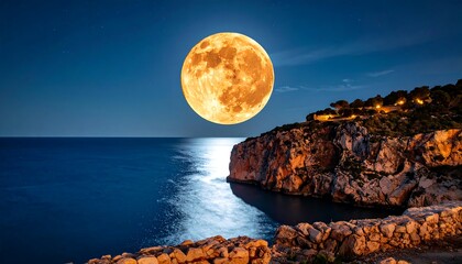 Majestic Full Moon Illuminating Coastal Cliffs and Sparkling Ocean Waters at Night