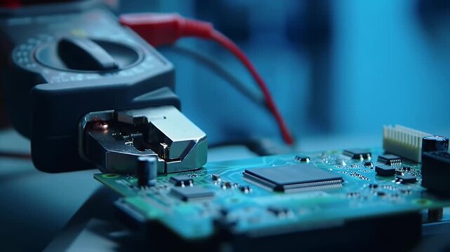 Close Up of a Digital Clamp Meter Placed Near a Green Circuit Board for Electrical Testing Against a Blurred Blue Background in a Dark Ambient Light