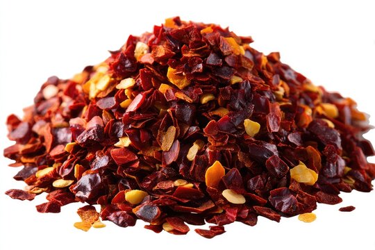 A mound of dried, crushed red chili flakes against a white background - Powered by Adobe