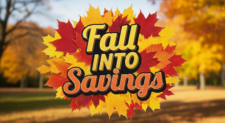 Promotion sign amidst vibrant autumn leaves and golden sunlight. Fall discounts and seasonal offers.
