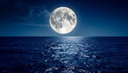 Full Moon Rising Over Tranquil Ocean at Night