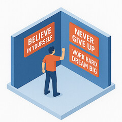 Man standing by a motivational cube with inspiring quotes about success and self-belief.