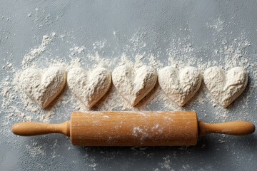 Culinary Inspiration: Flour Hearts and Rolling Pin on a Charcoal Surface