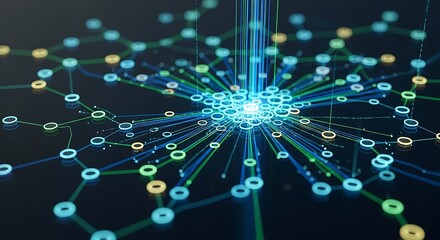 Interconnected network radiating bright light representing data flow and connectivity visualization