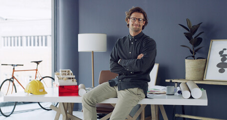 Portrait, man and architect with arms crossed in office for career pride, about us and real estate....