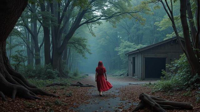 Mysterious figure walking towards cabin in misty woods, woman in red dress explores magical forest landscape, fairytale journey into the unknown