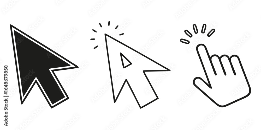 Poster illustration of various cursor icons, including arrow and hand pointers, used for clicking and selec
