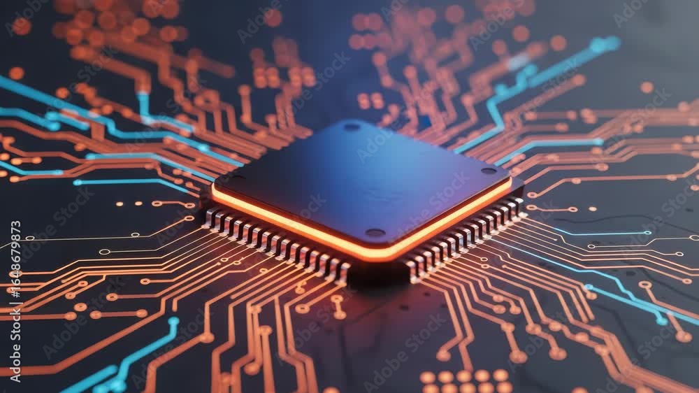 Poster a glowing central processor unit with intricate orange and blue circuitry radiating outwards, symbol