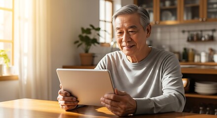 Content senior Asian man enjoying modern technology, smiling while engaging with his digital tablet in a cozy home kitchen setting, staying connected and entertained.