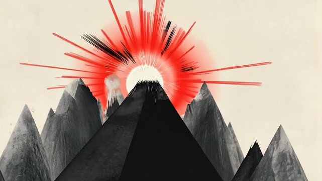 Volcanic mountain peak, burst of red rays