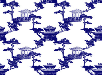 Chinoiserie Inspired Toile de Jouy seamless pattern with Asian vibes. Traditional porcelain background with pines and pagodas.
