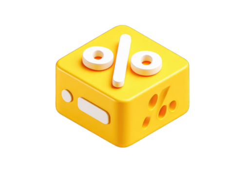 A 3D rendered yellow cube displays a percentage symbol.  The cube has a slightly isometric perspective and features additional small percentage symbols etched into its surface