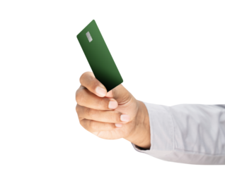 Businessman hand holding credit card on isolated white background.