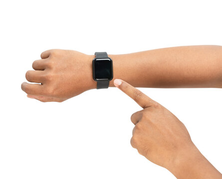 Close up man hand with smartwatch on isolated background
