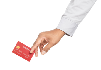 Businessman hand holding credit card on isolated white background.