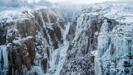 Majestic frozen waterfall cascading down rugged cliffs in a dramatic winter landscape with icicles clinging to the rock face