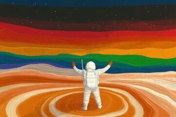 Fototapeta premium Retro sci-fi illustration of astronaut on colorful planetary landscape under starry sky