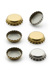 Collection of six metal bottle caps on white background