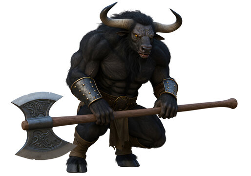 fantasy minotaur warrior wielding an axe with a dark background and detailed armor