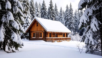 A cozy wooden cabin nestled in a snow-covered pine forest on a bright winter day