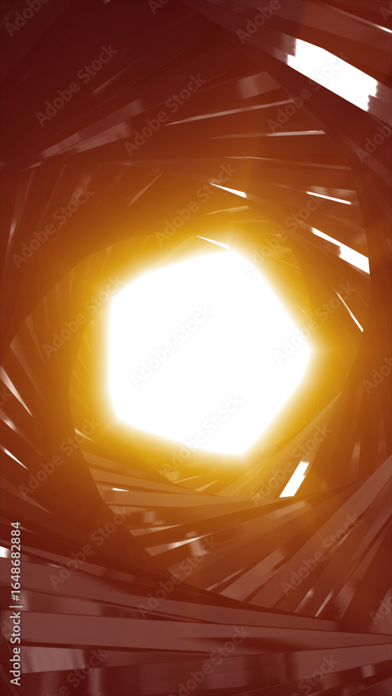 Poster abstract glowing tunnel with geometric red structures spiraling towards a bright central light