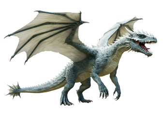 Fototapeta premium fantasy white dragon with large wings and fierce expression on a black background