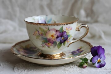 Antique Teacup and Saucer with Floral Design in Aged Porcelain - Elegant White China with Footed Base